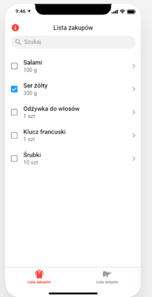Lista zakupów z możliwością zaznaczania i odznaczania produktów