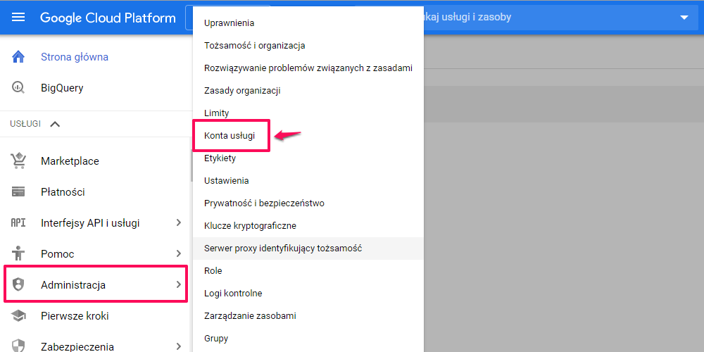 Ustawienia konta w Google Cloud Platform