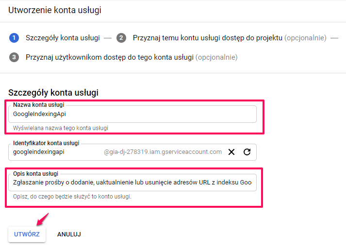 Utworzenie konta usługi w Google Cloud Platform