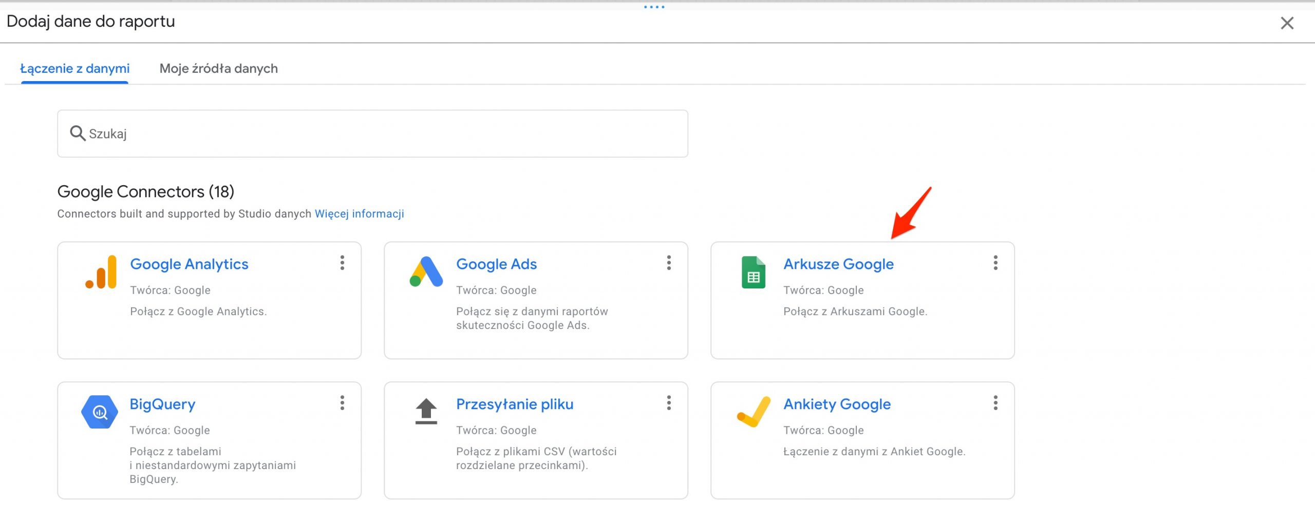 Dodawanie danych do raportu w Google Data Studio