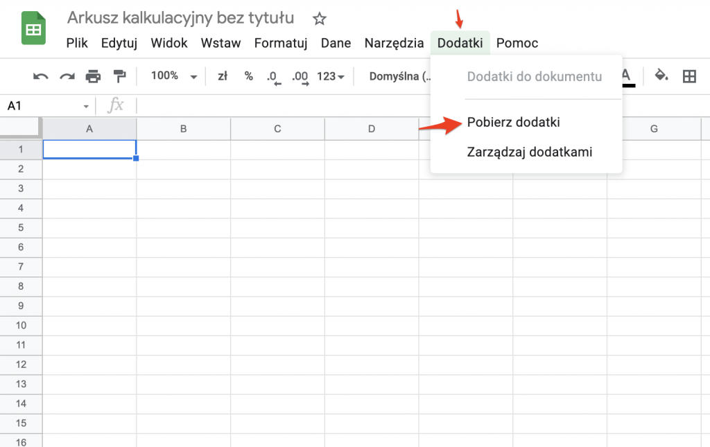 W Google Sheets z menu wybieramy Pobierz dodatki