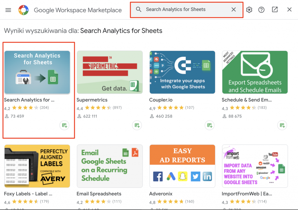 W Google Workspace Marketplace wyszukujemy interesujący nas dodatek