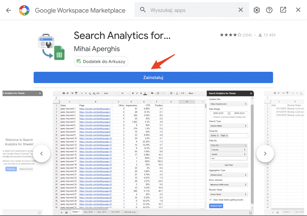 Informacje o dodatku Search Analytics for Sheets